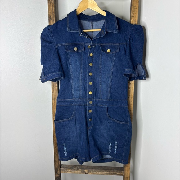Lightweight Denim Button-Up Romper L - Picture 1 of 7